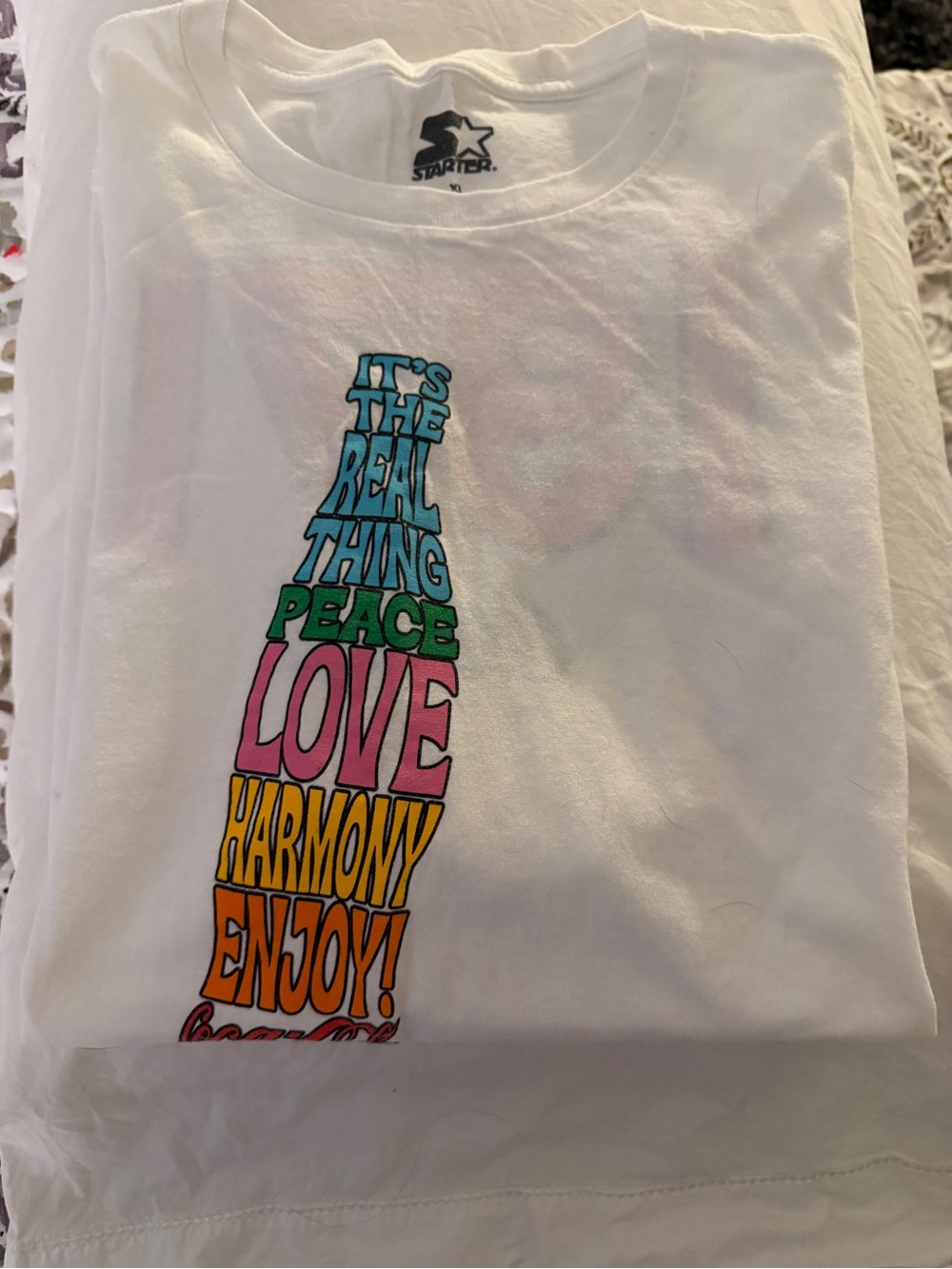 Starter White Graphic Tee - 'Peace Love Harmony Enjoy' Coca Cola shirt xl